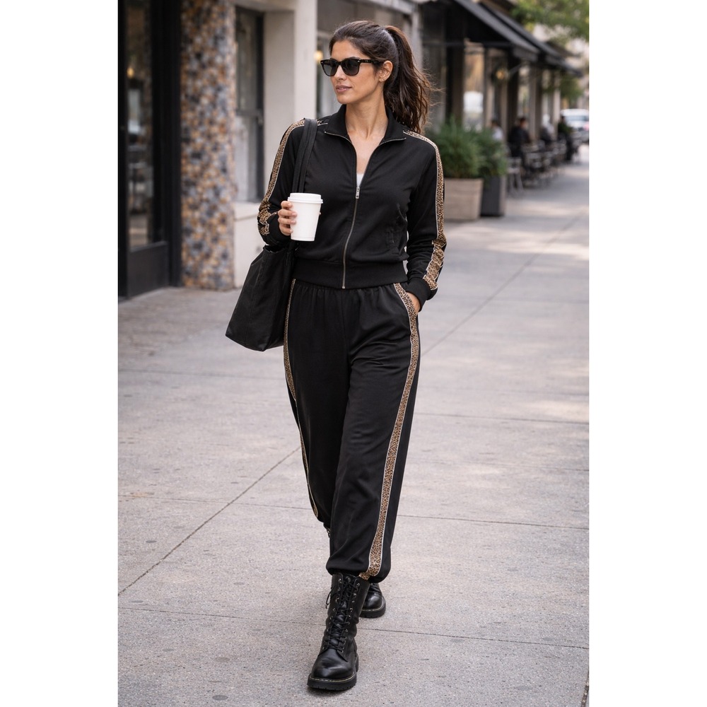 INDIES Black Track Set Jacket + Pants Animal Print Trim Size M l